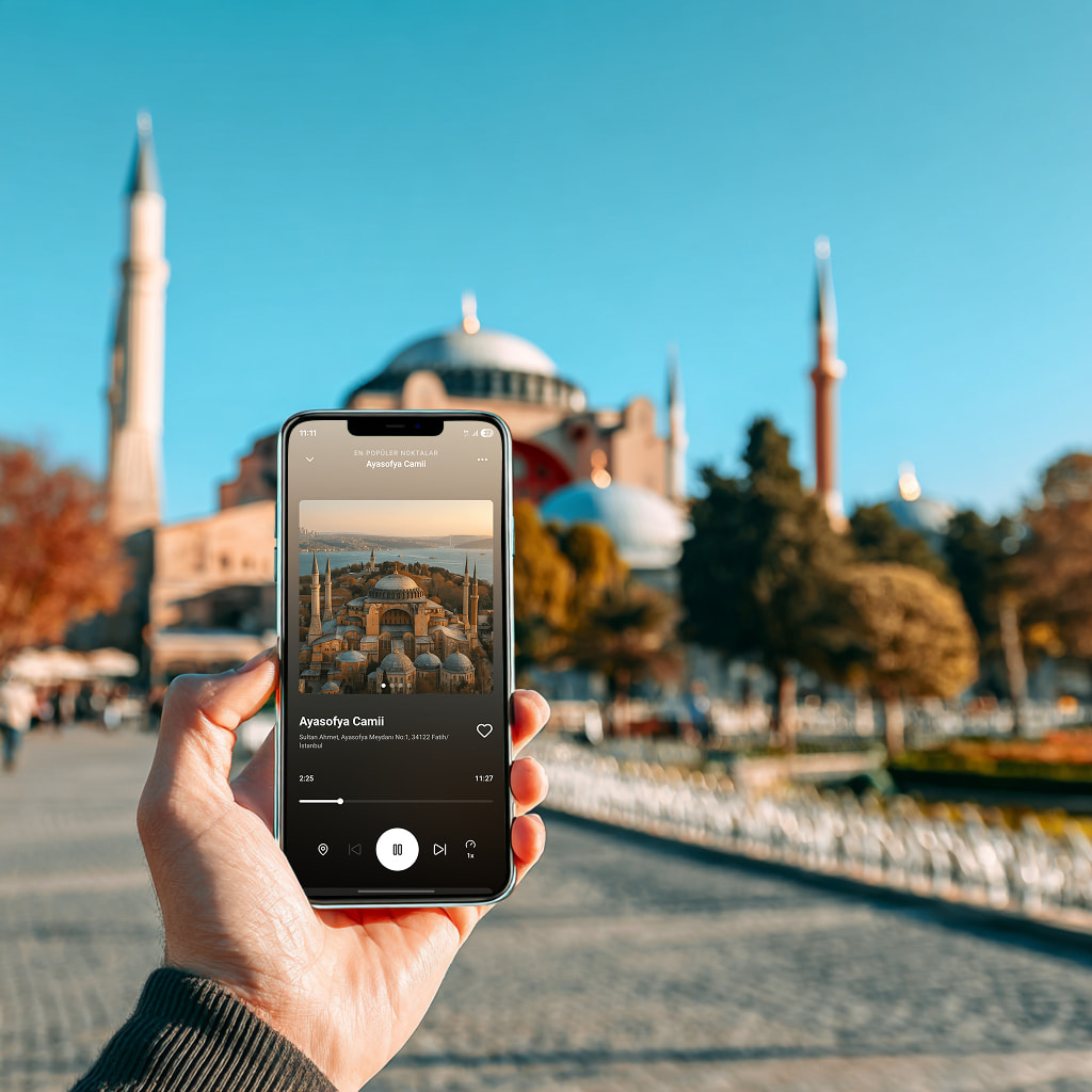 Person using headphones while exploring city